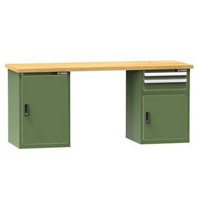 Banc de atelier KOMBI, lxLxH: 2000x800x880, 2 module dulap atașabile sub banc, 2 sertare, verde RAL6011