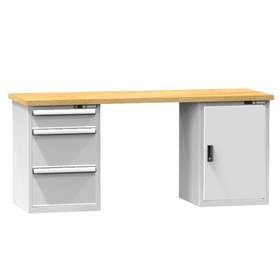 Banc de atelier KOMBI, lxLxH: 2000x800x880, 2 module dulap atașabile sub banc, 3 sertare, gri RAL7035