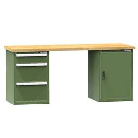Banc de atelier KOMBI, lxLxH: 2000x800x880, 2 module dulap atașabile sub banc, 3 sertare, verde RAL6011