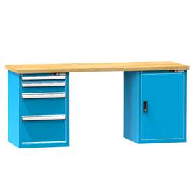 Banc de atelier KOMBI, lxLxH: 2000x800x880, 2 module dulap atașabile sub banc, 4 sertare, albastru RAL5012