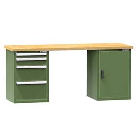 Banc de atelier KOMBI, lxLxH: 2000x800x880, 2 module dulap atașabile sub banc, 4 sertare, verde RAL6011