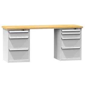 Banc de atelier KOMBI, lxLxH: 2000x800x880, 2 module dulap atașabile sub banc, 7 sertare, gri RAL7035