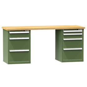 Banc de atelier KOMBI, lxLxH: 2000x800x880, 2 module dulap atașabile sub banc, 7 sertare, verde RAL6011