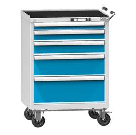 Pojízdná dílenská skříňka s 5 zásuvkami, v x š x h: 1013 x 731 x 780 mm, barva šedá RAL7035/modrá RAL5012
