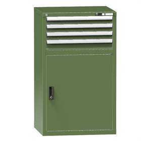 Zásuvková dielenská skriňa, v x š x h: 1215 x 731 x 630 mm, 4 x zásuvka, 1 x skrinka, farba zelená RAL6011