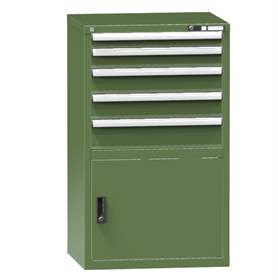 Zásuvková dielenská skriňa, v x š x h: 1215 x 731 x 630 mm, 5 x zásuvka, 1 x skrinka, farba zelená RAL6011