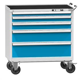 Mobiler Schubladenschrank, HxBxT: 1058 x 1037 x 780 mm, 5 Schubladen, Farbe grau RAL7035/blau RAL5012
