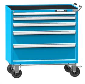 Cărucior tip dulap atelier mobil cu sertare pentru scule, HxLxl: 1058 x 1037 x 780 mm, 5 sertare, albastru RAL5012