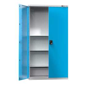 Werkstatt-Schrank, HxBxT: 1950 x 1044 x 405 mm, Flügeltüren, 3 x Fachböden 100 kg, Farbe Lichtgrau RAL7035/Blau RAL5012