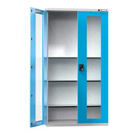 Dulap atelier, HxLxl: 1950 x 1044 x 405 mm, uși cu fereastră, 3 x polițe 100 kg, gri RAL7035/albastru RAL5012