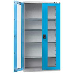 Werkstatt-Schrank, HxBxT: 1950 x 1044 x 655 mm, Flügeltüren mit Sichtfenster, 4 x Fachböden 100 kg, Farbe Lichtgrau RAL7035/Blau RAL5012