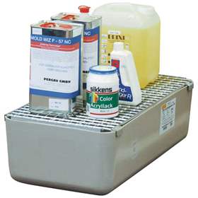 GfK-Auffangwanne, 65 l, mit verzinkten Stahlgitterrost, 820x420 mm, grau