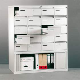 Cartotecă - dulap arhivare registratură - format A5, 20 sertare și dulap cu ușă tip rulou, HxLxl: 1350x1122x590mm, gri RAL7035