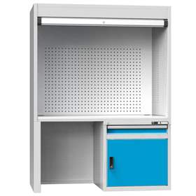 Dulap metalic multifunțional - stație de control, lxLxH: 1462x753x1969 mm, 1x sertare, 1 x dulăpior cu poliță, corp gri RAL7035/uși albastru RAL5012
