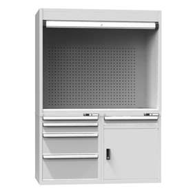 Dulap metalic multifunțional - stație de control, lxLxH: 1462x753x2069 mm, 5x sertare, 1 x dulăpior cu poliță, corp gri RAL7035/uși gri RAL7035