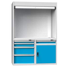 Dulap metalic multifunțional - stație de control, lxLxH: 1462x753x2069 mm, 5x sertare, 1 x dulăpior cu poliță, corp gri RAL7035/uși albastru  RAL 5012