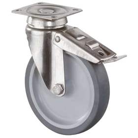 Apparate-Lenkrolle mit Feststeller, Gabel aus Edelstahl, Durchm. 100 mm, mit Platte, Traglast 60 kg