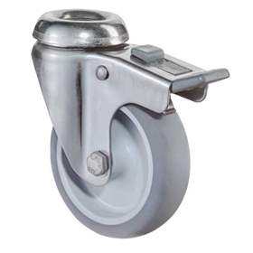 Apparate-Lenkrolle mit Feststeller, Gabel aus Edelstahl, Durchm. 100 mm, mit Rückenloch, Traglast 60 kg